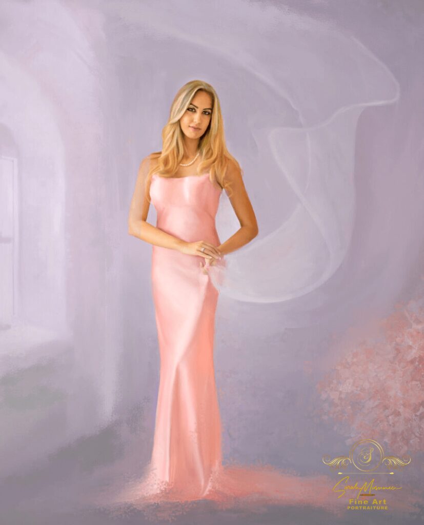Woman in pink dress with flowing fabric.