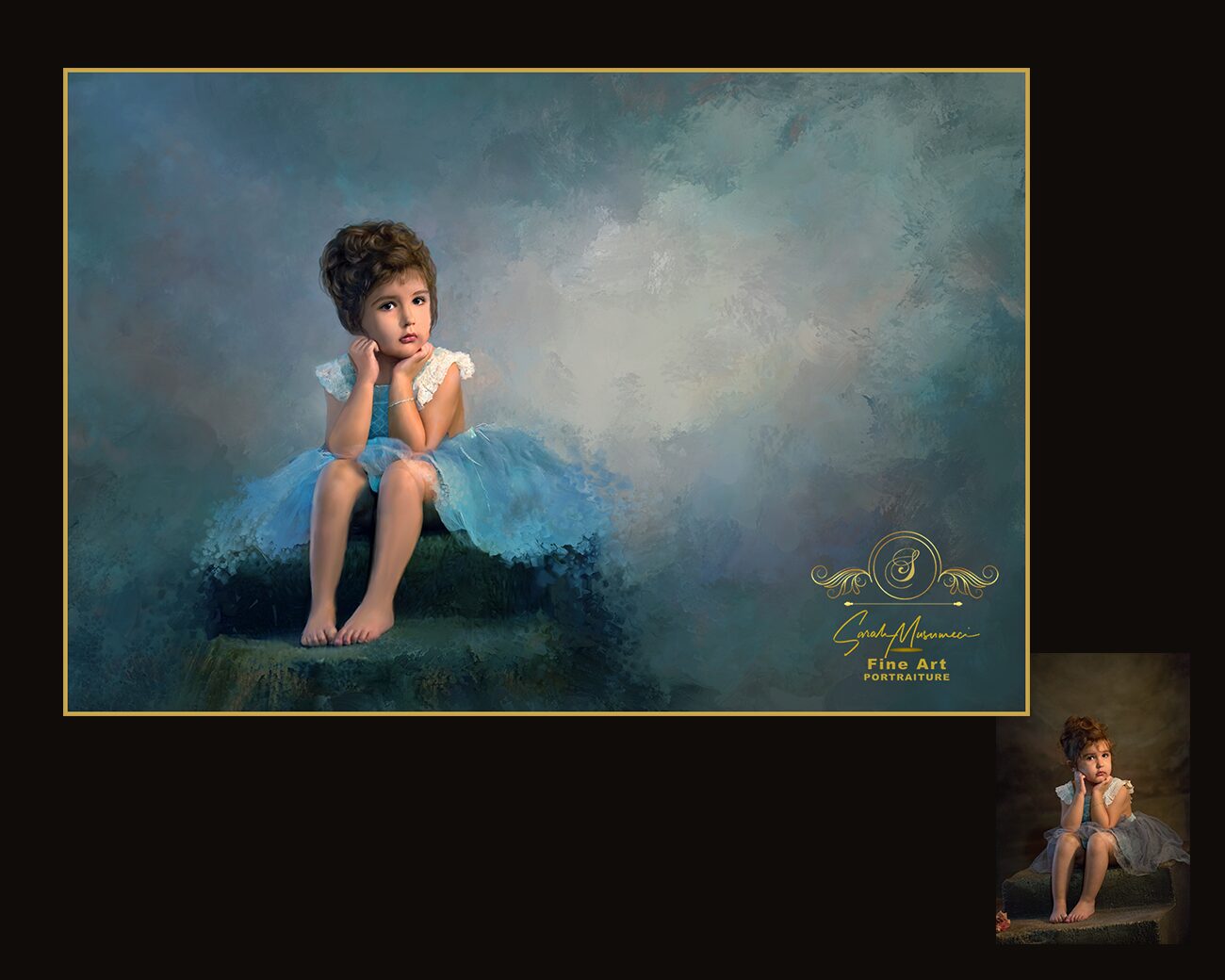 A composite of a child as a painted portrait showing before and after by Sarah Musumeci Fine Art Portraiture