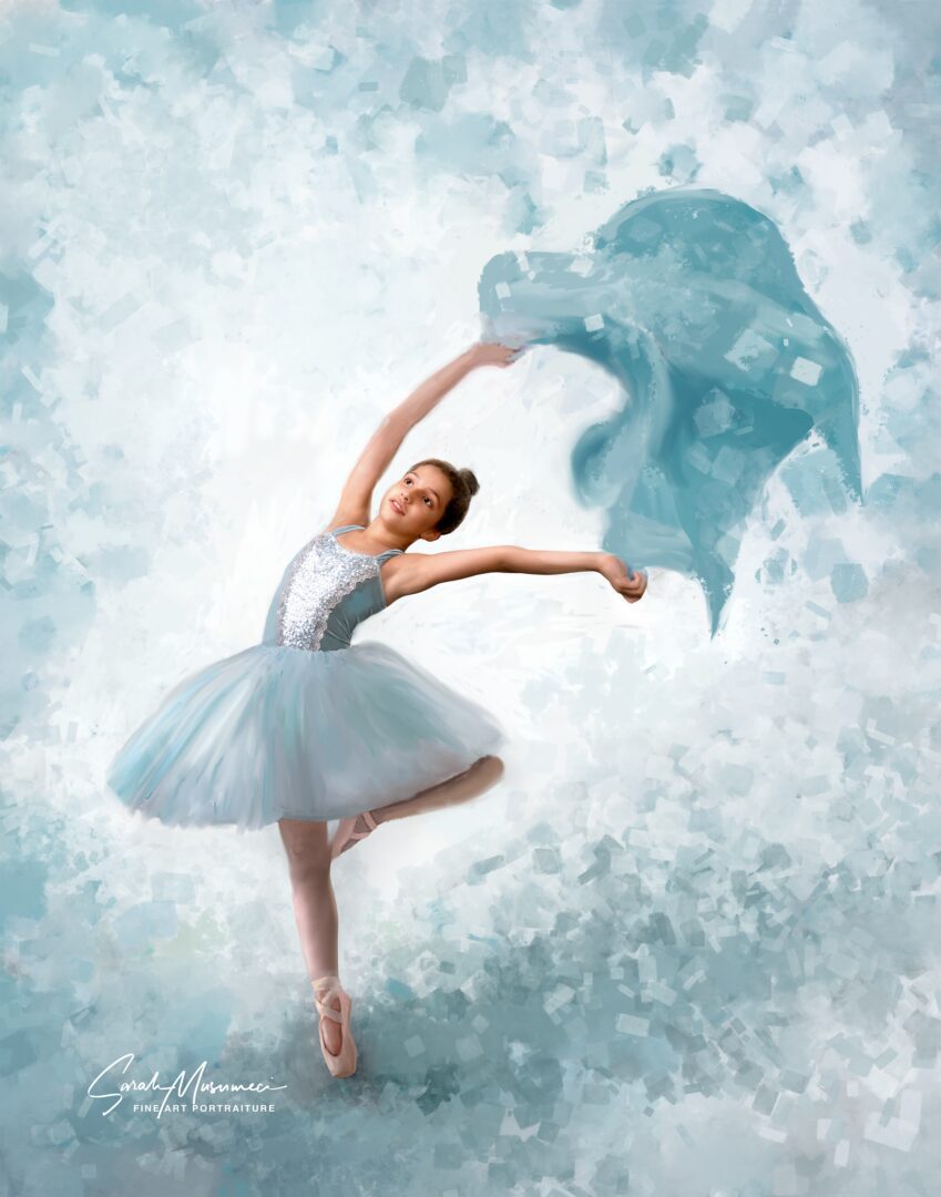 Young ballerina in a blue tutu dancing.