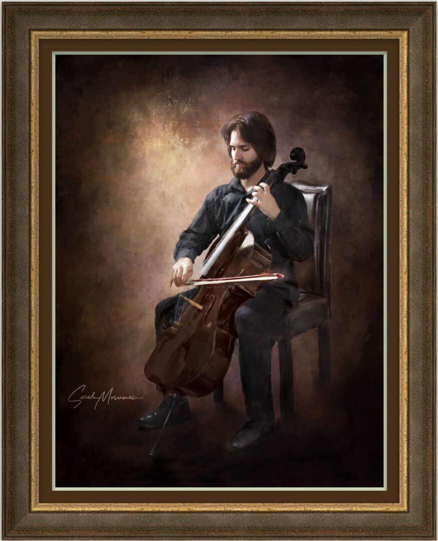 Man playing cello seated on chair.