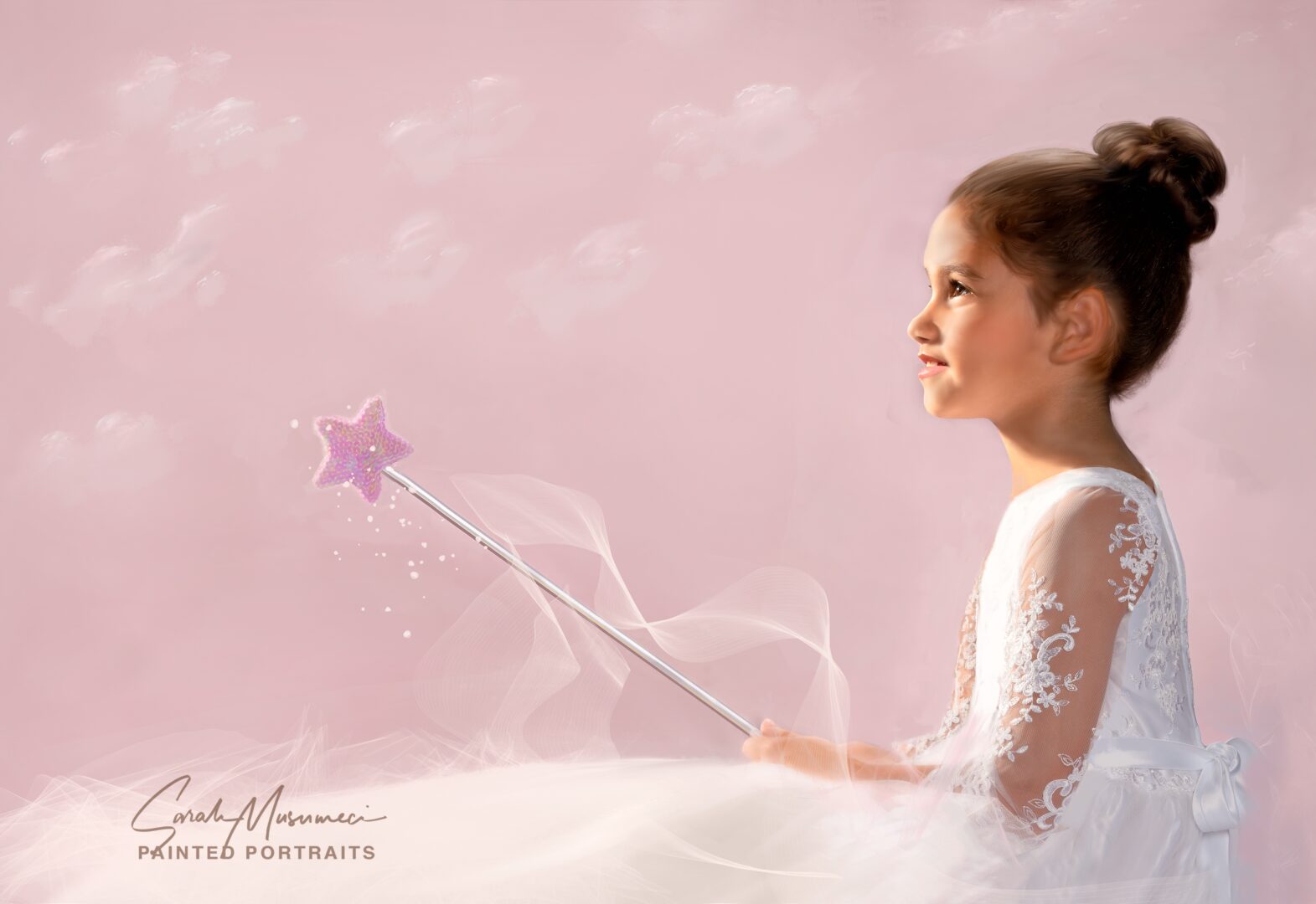 A young girl holding a star wand.