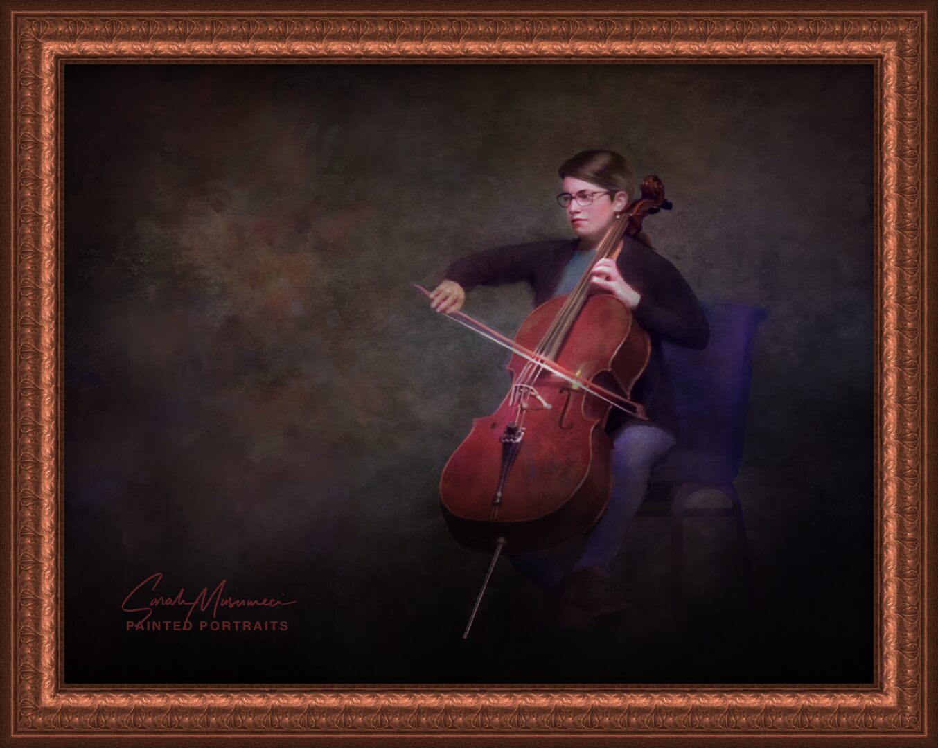 A painted portrait of a woman playing cello.