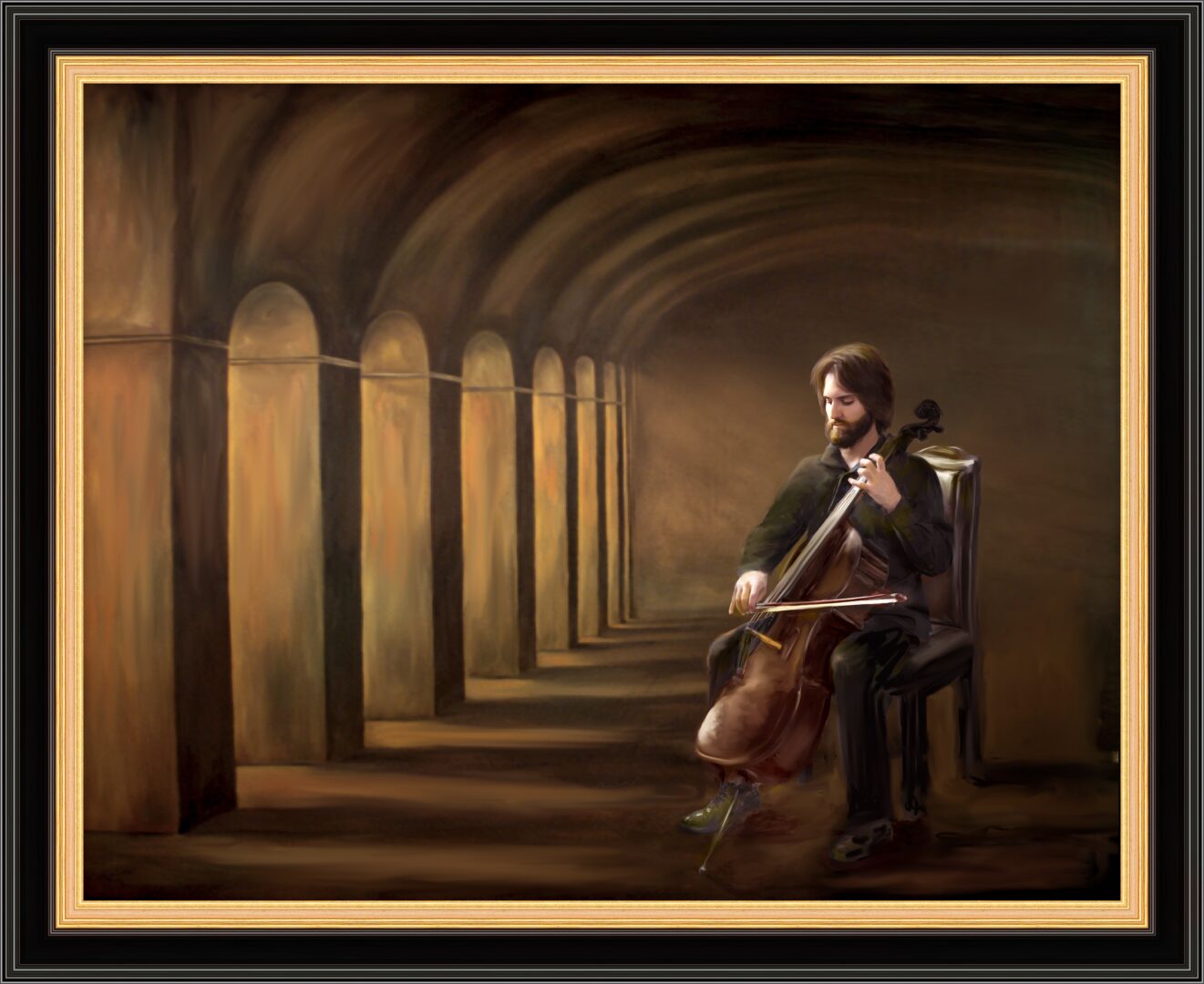 Man playing cello in a colonnade.