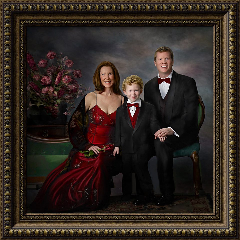 Framed portrait of a family of three.