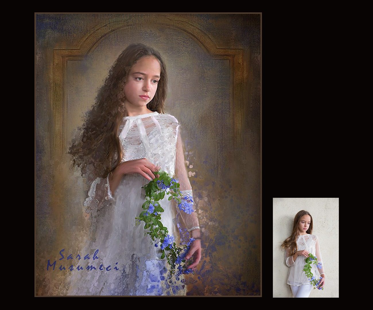 A portrait of a girl with flowers.